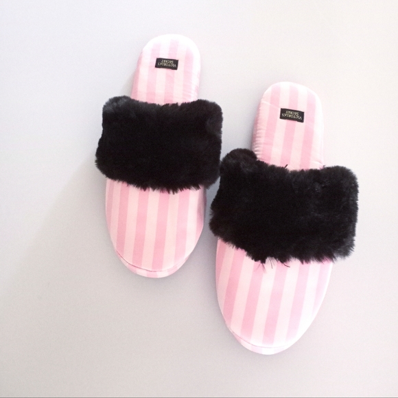 Victoria's Secret Shoes - nwt | victoria's secret • satin barbie pink striped fur closed toe slippers M